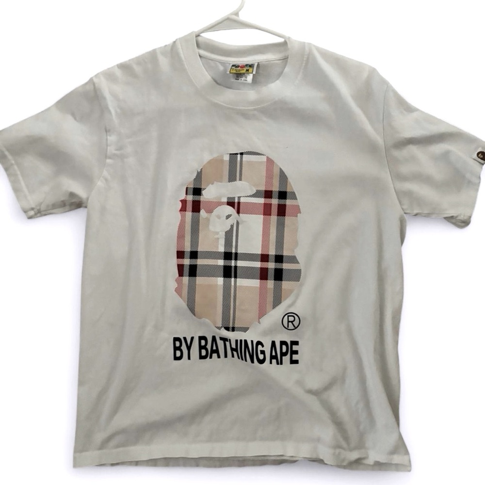 Bape White Short Sleeve Tee with Plaid Accents